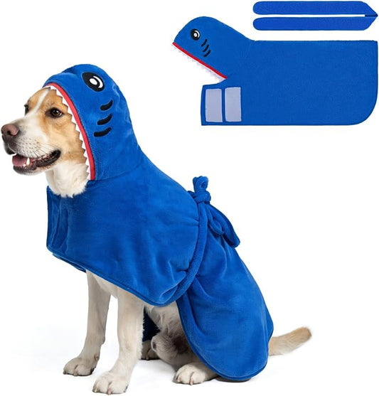 SCENEREAL Dog Bathrobe Fast Drying Towel Microfiber Dog Towel Robe with Hook and Loop Closure & Wrap Tie Snuggle, Super Absorbent Pet Cat Dog Bath Robe Drying Coat, Shark Hood M