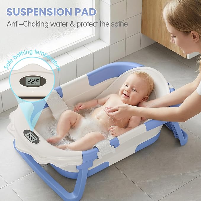 TPN 4-in-1 Grow-with-Me Collapsible Baby Bathtub, Baby Tub for Newborns to Toddler with Soft Floating Cushion & Thermometer, Portable Baby Bath Tub, Infant Bathtub for Bath Support in Tub,Blue