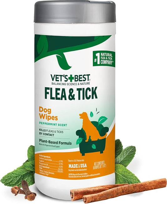 Vet’s Best Natural Flea and Tick Wipes for Dogs, Plant-Based Wipes for Flea and Tick Prevention Certified Essential Oils, Pest Control for Kennels and Home Use, Made in USA, 50 Count