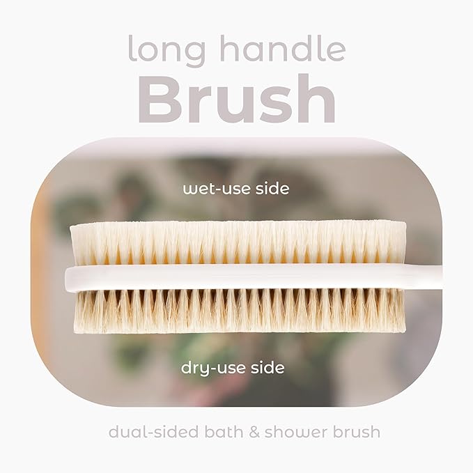 MainBasics Back Scrubber for Shower, Long Handle Body Brush, 15.75 Inch | Dual-Sided Exfoliating and Soft Bristles