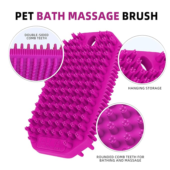 Rose Red 3-in-1 Double-Sided Dog Shampoo Brush Dog Washing Brush | Soft TPR Bristles,Pet Massage Bath Brush for Dogs&Cats,Remove Loose Hair Knots,Gentle Pet Grooming Tool Deep Cleansing
