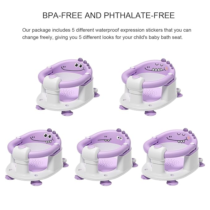 TPN Baby Bath Seat for Babies 6 Months & Up, Non-Slip Toddler Bath Seat with 5 PCS Waterproof Emoji Stickers, Portable Infant Bath Seat for Baby (Lavender)
