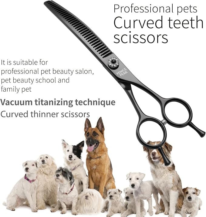 Professional Dog Grooming Scissors Pet Curved Chunker Shears 7.0'' Extremely Sharp Blades 440C Steel Thinning Scissors Durable Smooth Motion & Fine Cut for Dogs and Cats(Black)