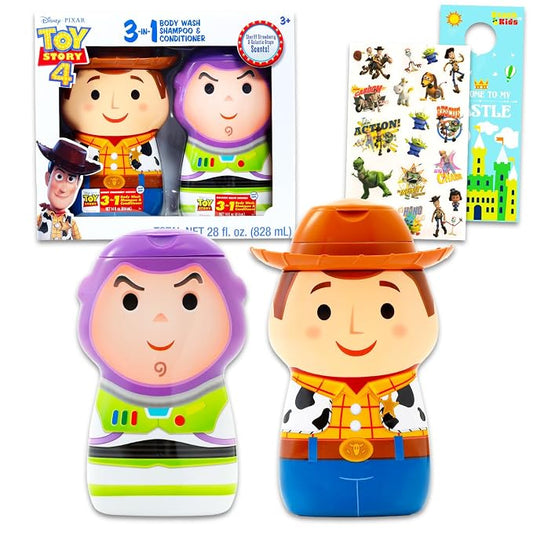 Disney Toy Story Kids Shampoo, Conditioner, Body Wash 8 Oz Bottle - Bundle with 3-in-1 Scented Body Wash, Shampoo & Conditioner Plus Stickers, More | Toy Story Bathroom Set