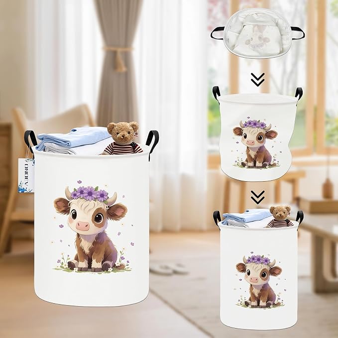 Round Cute calf Laundry Hamper, Household Storage Bin | waterproof foldable canvas bin with sturdy grip handles, large capacity, tidy organizer for bath linens and kids garments