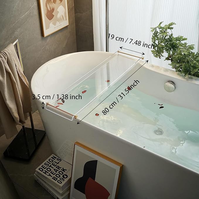 Beelee Clear Acrylic Bathtub Tray, Gold Rail Waterproof Tub Caddy Accessory | Sturdy Transparent Panel, Holds Reading Materials, Cell Phones and Wine Glasses, Ideal Spa Decor and Premium Gift for Women