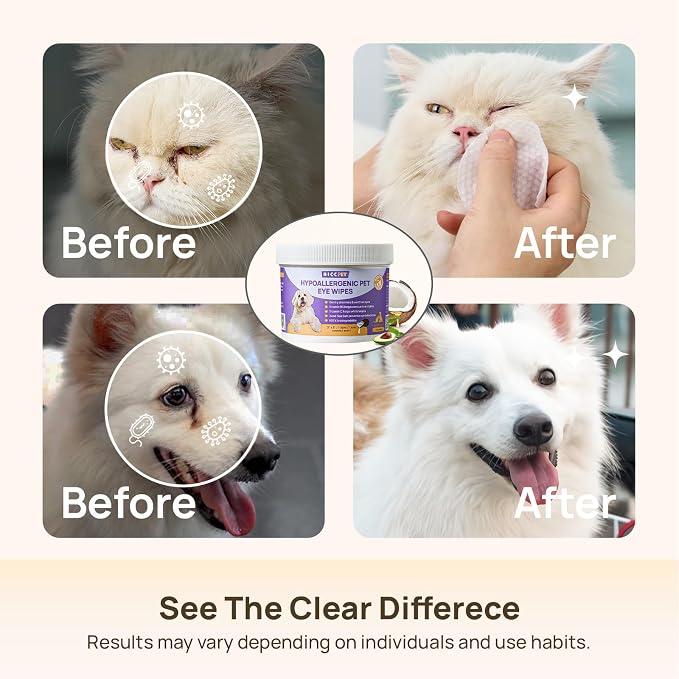 HICC PET Pet Face & Eye Area Wipes for Dogs & Cats, Gentle Wipes for Routine External Cleaning Around Eyes, Face Folds & Wrinkles, Helps Clean Everyday Tear Residue, 200 Count