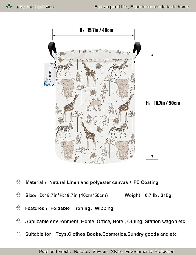 Collapsible Laundry Hamper,Waterproof Cotton Canvas Storage Basket with Reinforced Handles for Bedroom, Bathroom, Dorm & Home Organization (Round Animals)