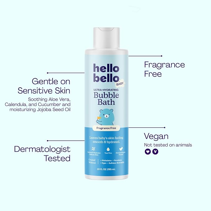 Hello Bello Baby Premium Bubble Bath, Fragrance Free for Sensitive Skin, 10oz Bottle (Pack of 2)