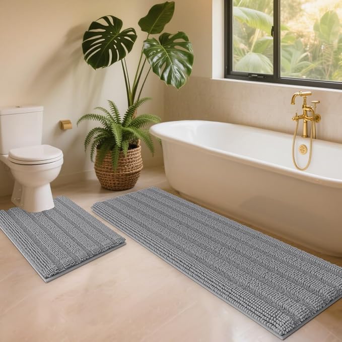 ACCUMTEK Striped Light Grey Toilet Bathroom Rug Mat Set 2 piece Rug Ultra Soft, Non Slip Chenille Bath Rugs, Absorbent Plush Shaggy Bath Mats for Bathroom, Bedroom, Kitchen, Shower, Tub