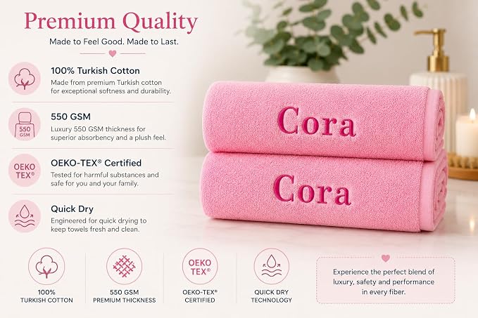 Jumbo Bath Towel - Personalized Bath Sheet 1 pcs 35-70 inch Large - Customized Turkish Jumbo Towel - Organic Cotton Towel - Monogrammed Towels with Name (Pink, Bath Sheet Oversized 1pc)