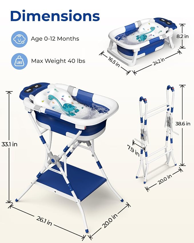 2-in-1 Baby Bath with Stand, Foldable Dinosaur Bathtub for Infant to Toddler, Portable Travel Tub with Soft Cushion for 0-18 Months, Navy Blue
