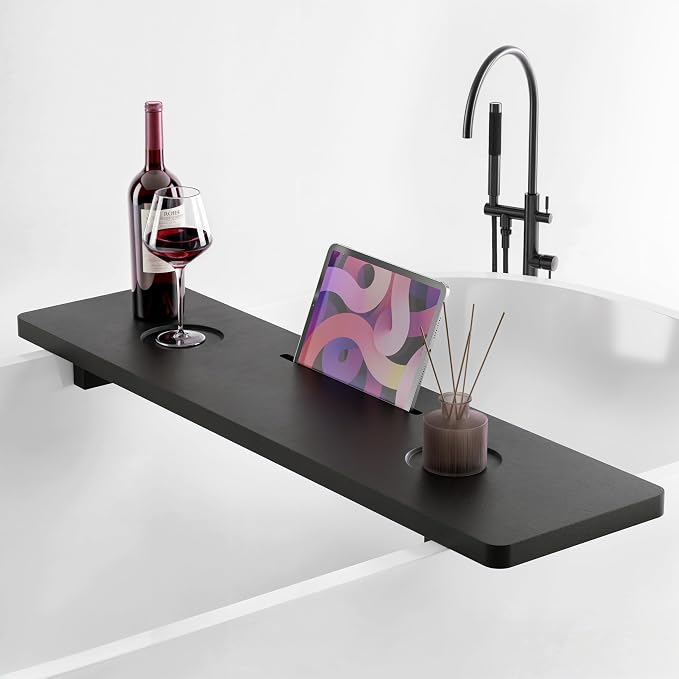 TINAMO 35" Acacia Wood Bathtub Tray, Adjustable Feet with Accessory Holders | Adjustable Width, Lightweight, 35" x 9" x 2.5", Anti-Tipping, Phone/Tablet Stand, Beverage Holder, Beveled Edge Design, Black