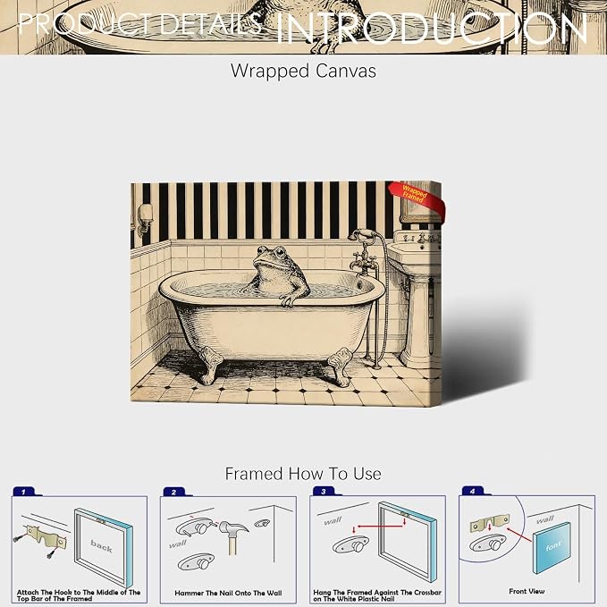 Vintage Frog in Bathtub Bathroom Wall Art Whimsical Toad Clawfoot Tub Poster Antique Striped Bathroom Illustration Print Aesthetic Wall Decor for Powder Room Apartment 8X12 in Wrapped Framed