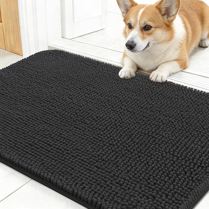 OLANLY Dog Door Mat for Muddy Paws 30x17, Absorbs Moisture and Dirt, Absorbent Non-Slip Washable Doormat, Quick Dry Chenille Mud Mat for Dogs, Entry Indoor Entryway Carpet for Inside Floor, Dark Grey