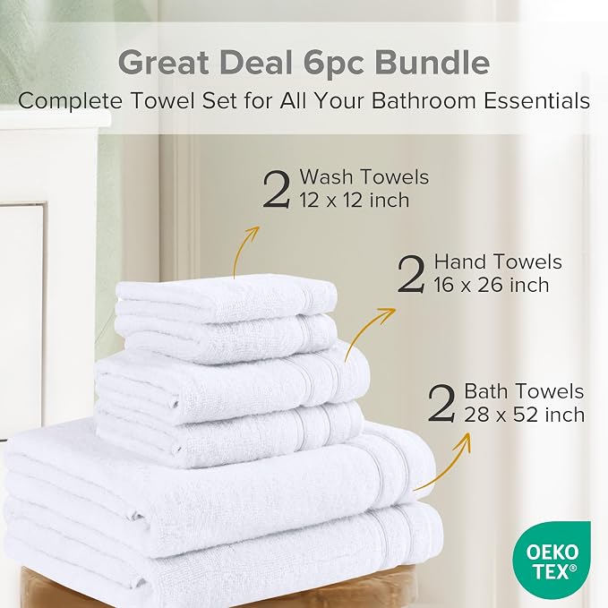 Comfort Spaces 6 Pc Towel Set, 100% Cotton Zero Twist, White | Zero Twist Cotton, Quick Dry Ultra Soft, 2 Bath 2 Hand 2 Washcloth, Absorbent Lightweight Towels for Everyday