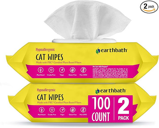 earthbath Hypo-Allergenic Cat Wipes, Made in USA, 100 Count (2 Pack) | Fragrance Free Cat Wipes for Paws and Butt