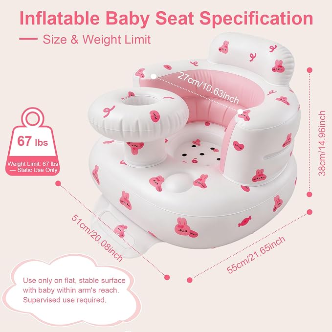 Inflatable Baby Seat for Babies 3-36 Months, Baby Chair with Fence & Built in Air Pump, Blow Up Floor Baby Seat with Back Support, Inflatable Baby Chair Sit Me Up for Home Pink Rabbit-Tray