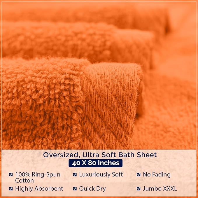 DAN RIVER Pack of 1 Jumbo Bath Sheet 40x80 Inches, Soft Fluffy Bath Sheets Towels for Adults, Quick Dry Shower Towels - Orange