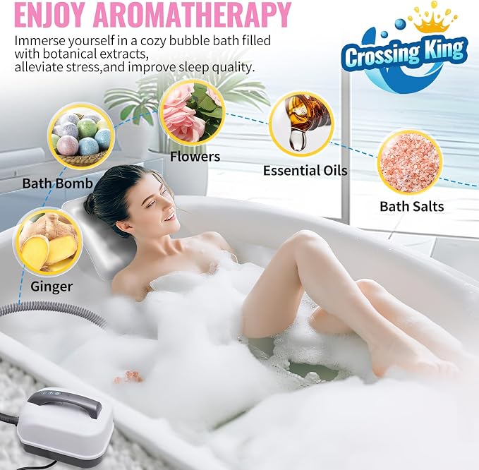 Crossing King Bubble Bath Mat Tub Spa Massager, Portable Spa Bubble Bath Massager with Upgraded Powerful Suction Cup, Electric Air Pump, Pillow and Remote Control for Relaxation 45 * 17in (Pink)
