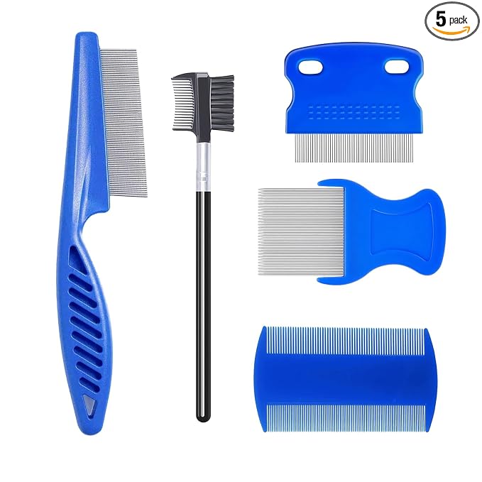 MEDUWEDU 5 Pack Flea & Lice Comb Set for Cats, Dogs & Kids – Stainless Steel Fine Tooth Nit Comb Kit with Double-Sided Tear Stain Remover, Grooming Brush & Peine para Piojos for Thick Hair (Blue)