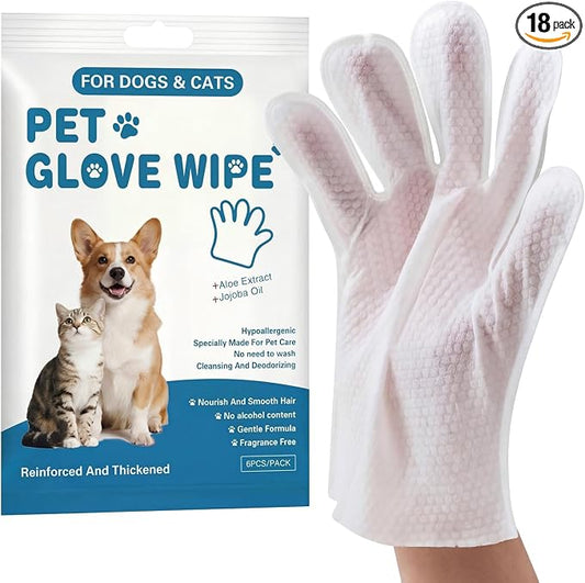 Pet Glove Wipes, No Rinse Deodorizing Mittens for Sphynx, Devon Rex, Cats & Dogs, Thickened Hypoallergenic with Aloe Vera, Unscented Full Body Grooming, Daily Care & Travel, 18Count