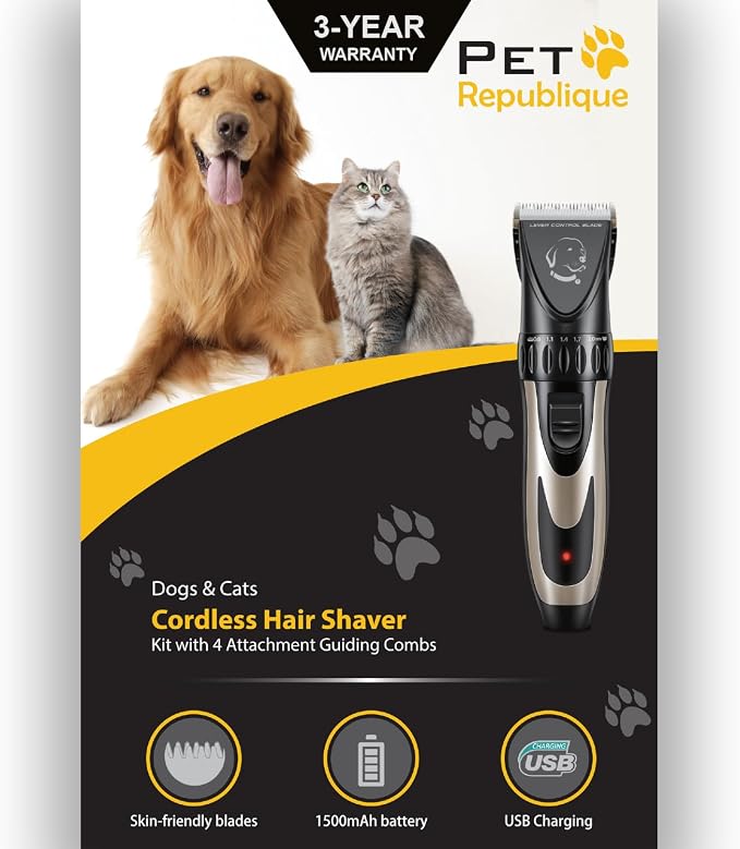 Pet Republique Cordless Dog Shaver Trimmer Kit - Hair Clippers for All Fur Type & All Size Dogs Cats and Pets