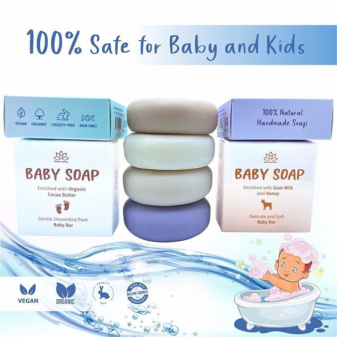 Set of 4 Organic Baby Soap Bars - Lavender-Chamomile, Goat Milk-Honey, Unscented, Greek Yogurt - Coconut Milk - All Natural Cold Process Soap Bars For Baby, Toddler, Kids - Safe for Sensitive Skin