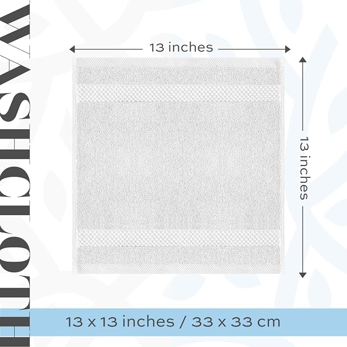 White Classic Luxury Cotton Washcloths 13x13 Inch - 650 GSM Turkish Cotton | Hotel, Spa, Bathroom Face Towel | 12 Pack, Silver