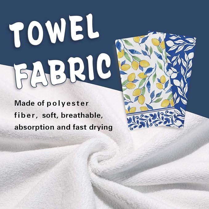 Italian Capri Blue Lemon Kitchen Dish Towels Set of 2, Amalfi Coast Italy Tile Pattern Citrus Drying Hand Towel Baking Cooking Cloth, Summer Mediterranean Bathroom Home Decoration 18'' x 26''