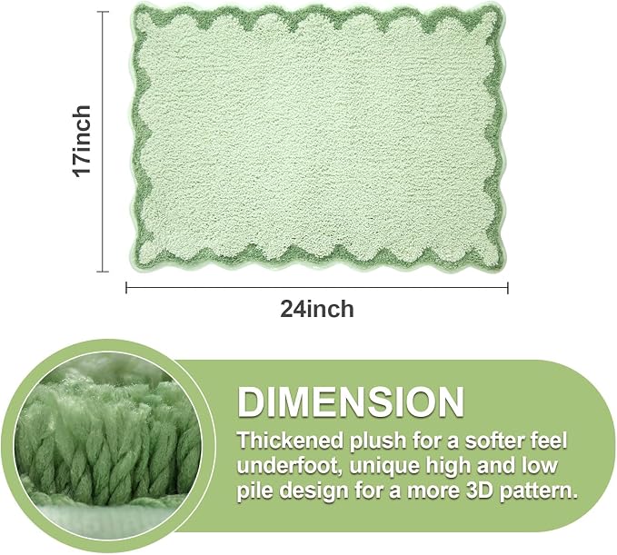 ORTIGIA Small Green Scalloped Bath Mat, Cute Plush Microfiber Scallop Bathroom Rugs Non Slip Washable Quick Dry Absorbent, Bathmat Carpet for Shower Stall Vanities Kitchen Floor Entrance, 17x24
