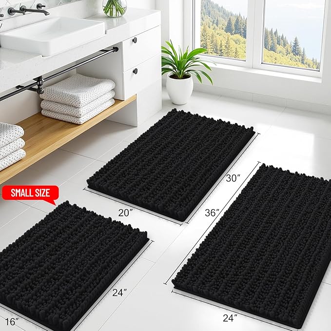 Smiry Bathroom Rugs Mat 44x24, Extra Soft Absorbent Chenille Bath Rugs, Non Slip Rubber Backing Machine Washable Quick Dry Bath Mats for Bathroom Floor, Tub, Shower, Home Decor Accessories, Black