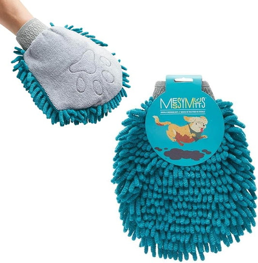 Messy Mutts Microfiber Grooming Mitt | Chenille Microfiber Dog Shammy Mitt | Machine Washable Paw Cleaner | Blue