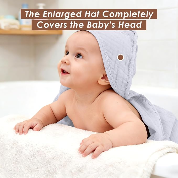 Ease Cubs 3-Pack Muslin Hooded Baby Towels, 100% Cotton, Ultra-Soft & Absorbent Baby Bath Towels with Hood for Babies, Infant, Toddler and Newbron (Grey, Green and Slate,32" x 32")