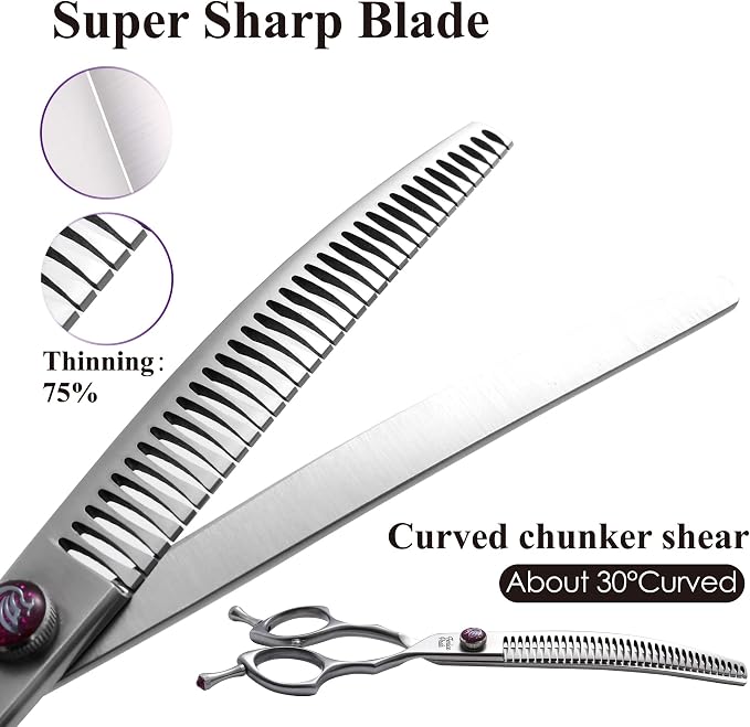 8.0‘’ Curved Chunker Dog Grooming Scissors with Purple Flashing Screw Professional 440C Stainless Steel Natural Color Pet Trimming Shears with Offset Handle Durable and Sharp