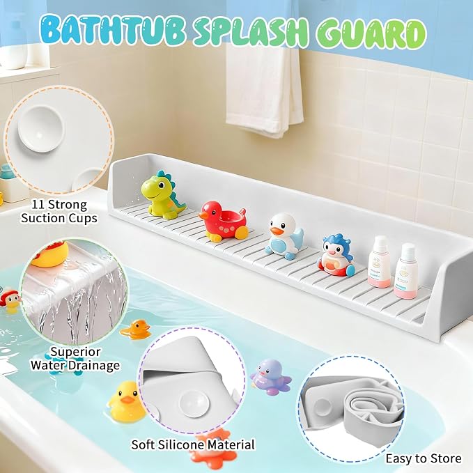 Dreamtop Bathtub Splash Guard for Tub Kids, 2.6FT Play Shelf for Bathing, Toy Tray Caddy Holder for Tub, Grey Silicone Tub Splash Guard Prevent Water Spills in Bathroom
