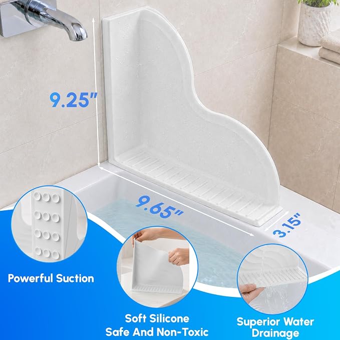 Vespara 2-Pack All-Silicone Shower Splash Guard Kit with Strong Suction Cups, Large Splash Guards for Bathtub, One-Piece Design Corner Guards to Keep Water in Shower or Bath (9.8x9.5inches) White
