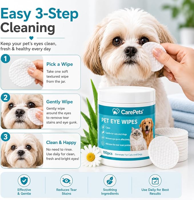 Eye Wipes, 100 Count Pet Tear Stain Cleaning Pads for Dogs and Cats, Gentle Textured Eye Area Wipes with Aloe Vera and Chamomile, Fragrance Free (3) | Gentle Textured Eye Wipes