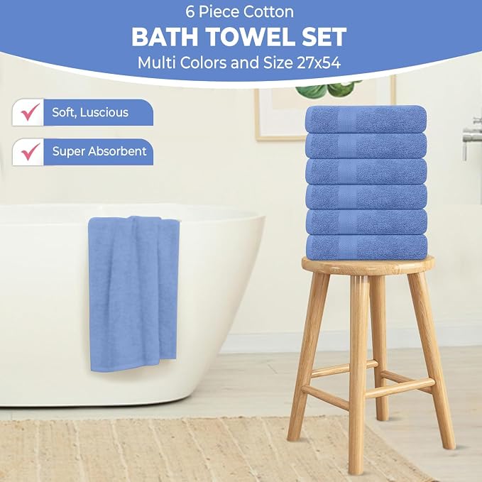 KAHAF COLLECTION 6 Pack Bath Towels Set (27 x 54 Inches) 100% Ring Spun Cotton, Lightweight, Quick Dry, Highly Absorbent Towels (Blue, (27x54) Inches)