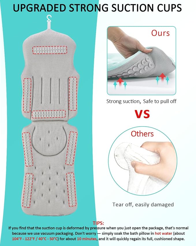 Full Body Bath Pillow for Bathtub, 5D Thick Tub Pillow for Bathtub with 192 Non-Slip Suction Cups, Laundry Bag & Hook, Bathtub Pillow for Head, Neck & Back Support (Green, 51"*15")