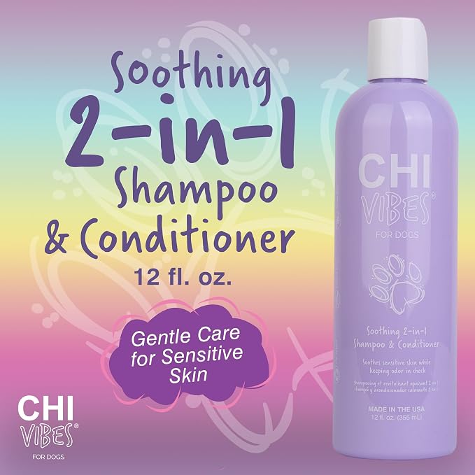 CHI Vibes for Dogs Soothing 2 in 1 Dog Shampoo and Conditioner Sensitive Skin Cleanser Dog Deodorizer for Puppies and Adults Vegan pH Balanced Gluten Paraben Free Made in USA 12 FL OZ Grooming