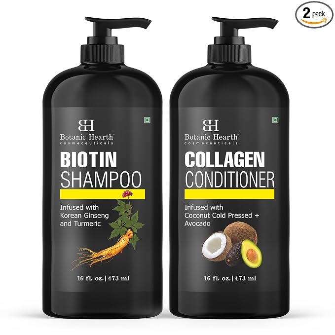 Botanic Hearth Biotin Shampoo and Conditioner with Collagen | Fights Hair Loss & with Korean Ginseng & Turmeric, Conditioner Promotes Hair with Avocado and Coconut | 16 fl oz x 2