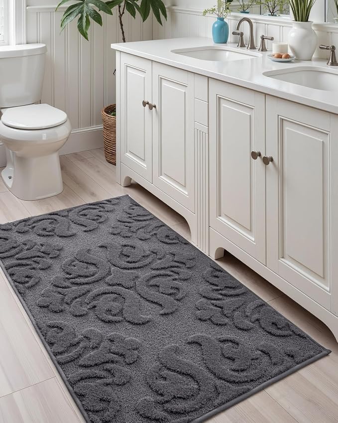 DEXI Bathroom Rug 43x24, Non Slip Washable Bath Mat for Shower Floor, Absorbent Soft Bathmat with Rubber Backing, Plush Fluffy Microfiber Floral Retro Carpet, Dark Grey