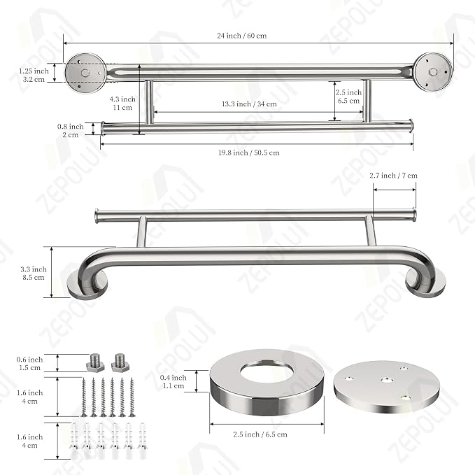Chrome Towel Grab Bar 24 Inch - 1.25” Diameter, Zepolu Stainless Steel Safety Bar w/Towel Holder, Shower Assist Balanced Support Handle, Wall Mounted Bathroom Towel Rack for Senior Elderly Handicap