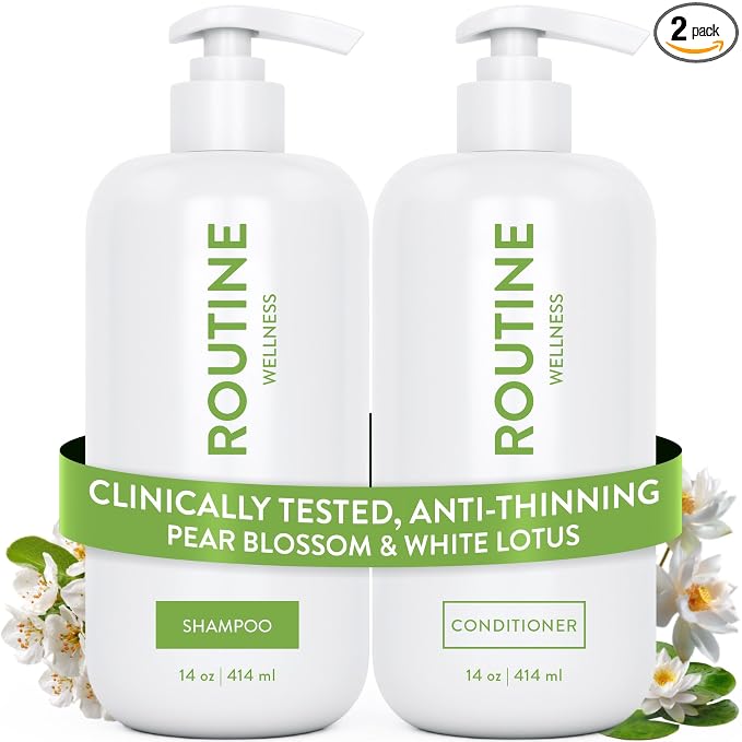 Routine Wellness Shampoo & Conditioner Set - Pear Blossom & White Lotus | Clinically tested shampoo for thinning hair with biotin, pea peptides, saw palmetto oil, color safe, sulfate free