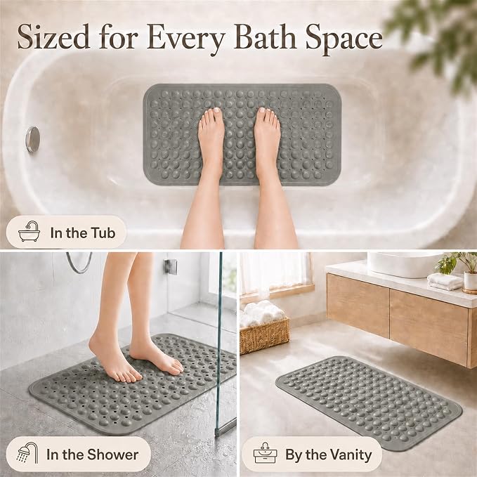 Bathtub Mat Non Slip, Odor-Free TPE with Suction Cups, Grey,27.5’’ x 16’’ | Soft shower bath mat with quick-drain holes and machine-washable care for clean, smooth tub surfaces; light and easy to lift.