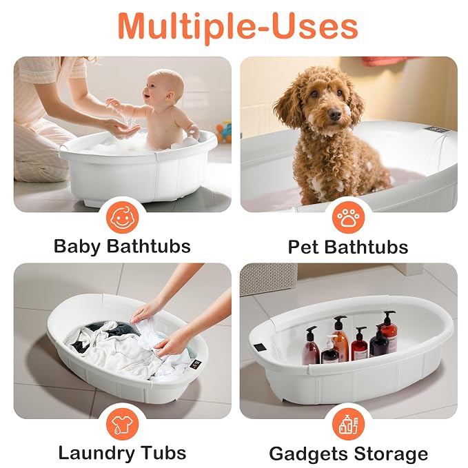 Collapsible Baby Bathtub - Large Baby Bath Tub with Thermometer & Cushion | Travel Portable Newborn Infant Bathtub | Foldable Toddler Bathtub for Baby 0 to 36 Months (White)