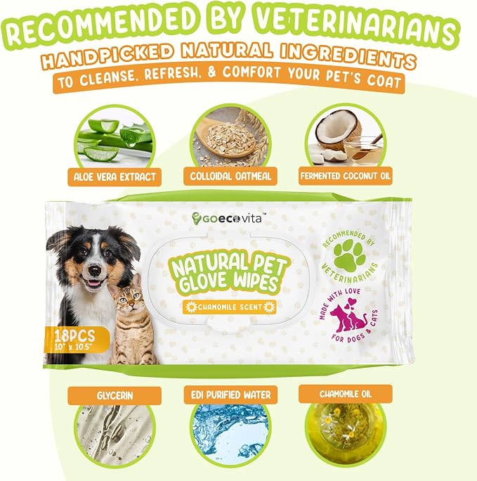 GoEcoVita Pet Deodorizing Glove Wipes for Dogs & Cats | Nourish & Clean Fur & Skin | Coconut Oil & Chamomile Rinse-Free Wipes | Bathing Glove Wipes for Daily Care | Natural, Hypoallergenic (18 Pack)
