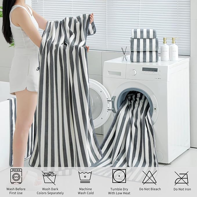 18 Pcs Gray Stripe Bath Towel Set with Hanging Loop-6 Bath Towels,6 Hand Towels,6 Washcloths Soft Family Towels Set Bathroom Towel Highly Absorbent Quick Dry Shower Towel for Beach Chair Spa Gym Hotel