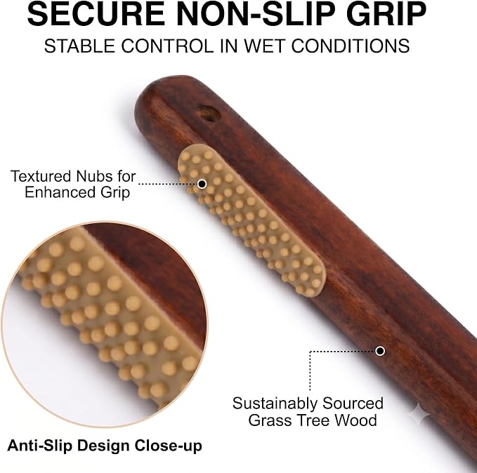 Wooden Bath Brush with Gentle Bristles Long Handle for Shower Back Scrubber Body Exfoliator (Gental Boar Bristle)